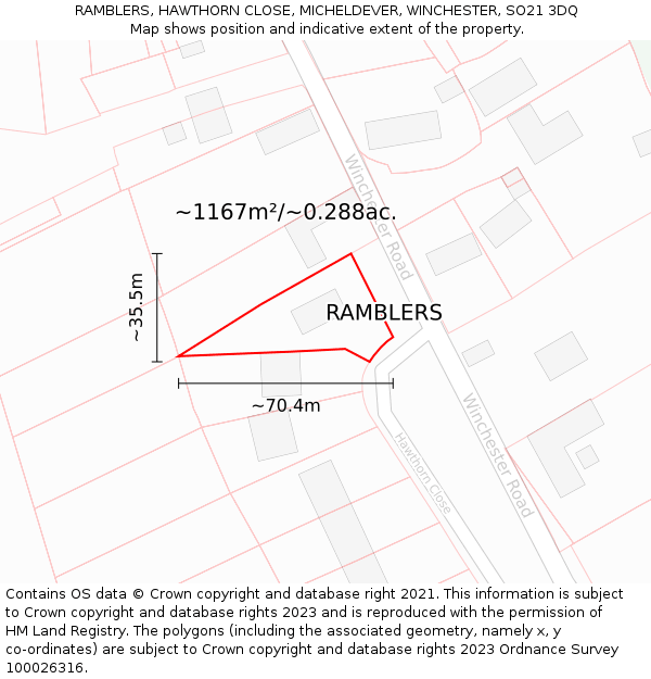 RAMBLERS, HAWTHORN CLOSE, MICHELDEVER, WINCHESTER, SO21 3DQ: Plot and title map