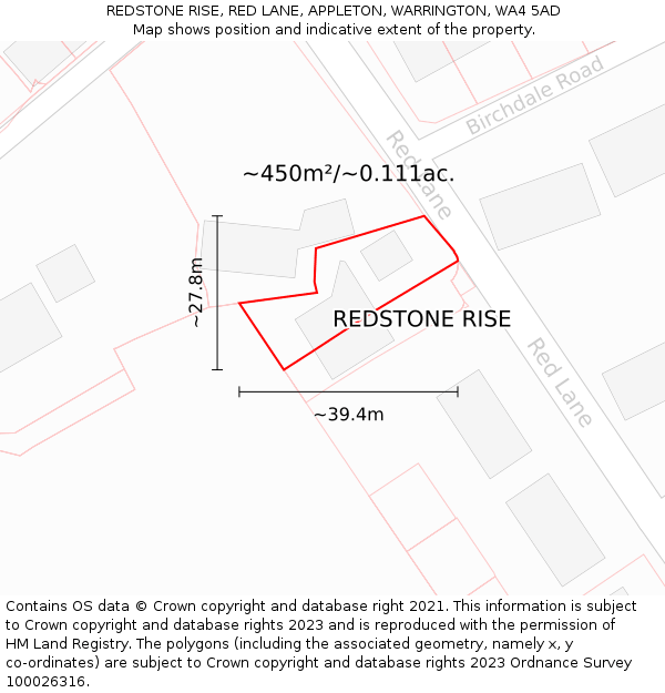 REDSTONE RISE, RED LANE, APPLETON, WARRINGTON, WA4 5AD: Plot and title map