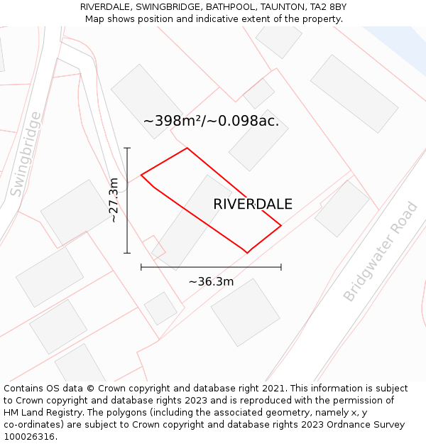 RIVERDALE, SWINGBRIDGE, BATHPOOL, TAUNTON, TA2 8BY: Plot and title map