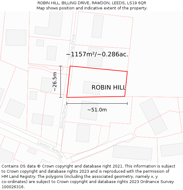 ROBIN HILL, BILLING DRIVE, RAWDON, LEEDS, LS19 6QR: Plot and title map