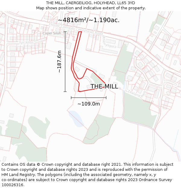 THE MILL, CAERGEILIOG, HOLYHEAD, LL65 3YD: Plot and title map
