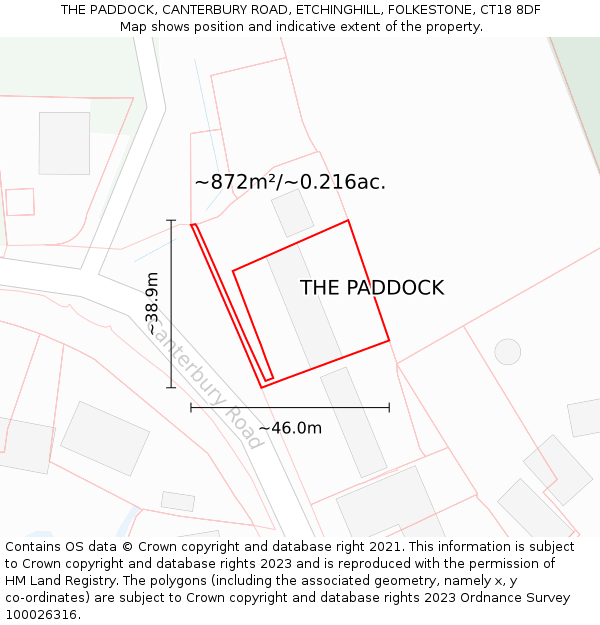 THE PADDOCK, CANTERBURY ROAD, ETCHINGHILL, FOLKESTONE, CT18 8DF: Plot and title map