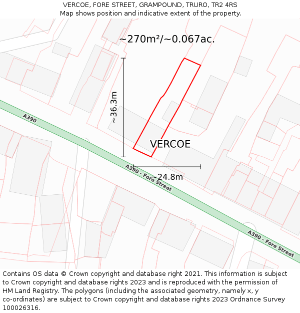 VERCOE, FORE STREET, GRAMPOUND, TRURO, TR2 4RS: Plot and title map