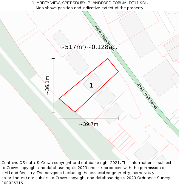 1, ABBEY VIEW, SPETISBURY, BLANDFORD FORUM, DT11 9DU: Plot and title map