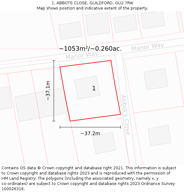 1, ABBOTS CLOSE, GUILDFORD, GU2 7RW: Plot and title map