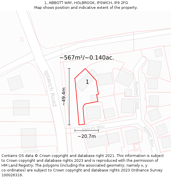 1, ABBOTT WAY, HOLBROOK, IPSWICH, IP9 2FG: Plot and title map