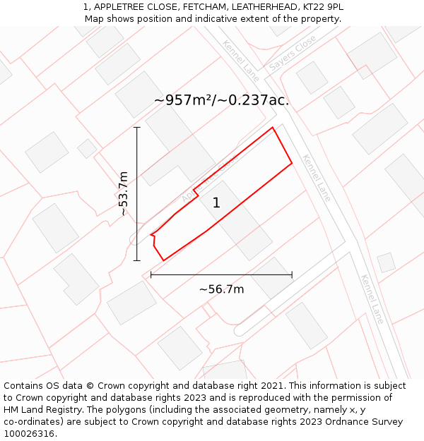 1, APPLETREE CLOSE, FETCHAM, LEATHERHEAD, KT22 9PL: Plot and title map