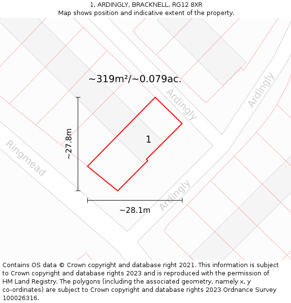 1, ARDINGLY, BRACKNELL, RG12 8XR: Plot and title map