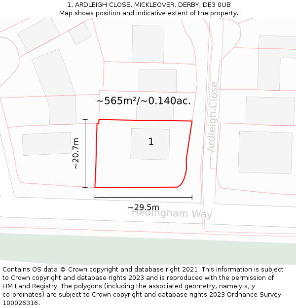 1, ARDLEIGH CLOSE, MICKLEOVER, DERBY, DE3 0UB: Plot and title map