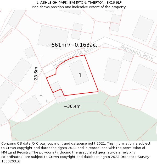 1, ASHLEIGH PARK, BAMPTON, TIVERTON, EX16 9LF: Plot and title map