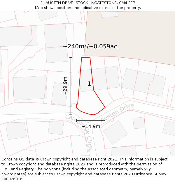 1, AUSTEN DRIVE, STOCK, INGATESTONE, CM4 9FB: Plot and title map