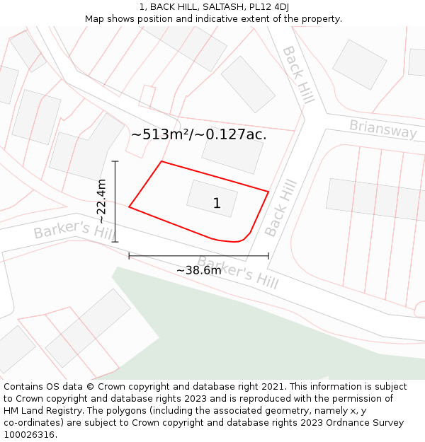 1, BACK HILL, SALTASH, PL12 4DJ: Plot and title map