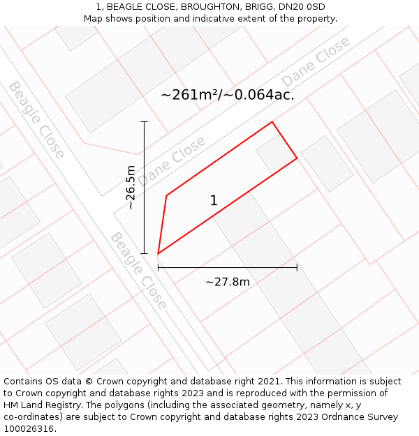 1, BEAGLE CLOSE, BROUGHTON, BRIGG, DN20 0SD: Plot and title map