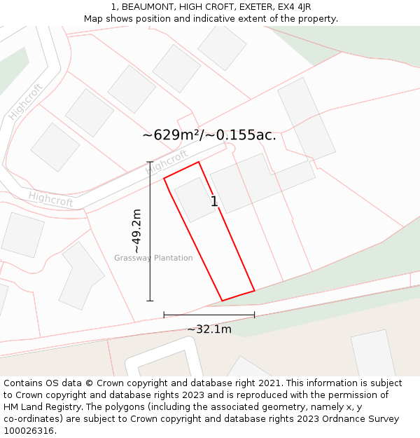 1, BEAUMONT, HIGH CROFT, EXETER, EX4 4JR: Plot and title map