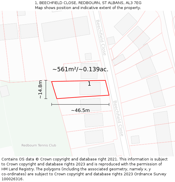 1, BEECHFIELD CLOSE, REDBOURN, ST ALBANS, AL3 7EG: Plot and title map
