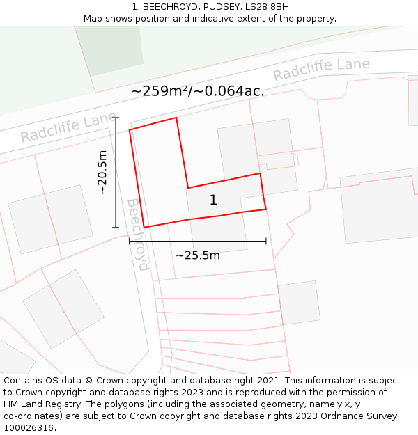 1, BEECHROYD, PUDSEY, LS28 8BH: Plot and title map