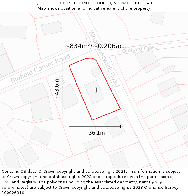 1, BLOFIELD CORNER ROAD, BLOFIELD, NORWICH, NR13 4RT: Plot and title map