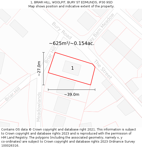1, BRIAR HILL, WOOLPIT, BURY ST EDMUNDS, IP30 9SD: Plot and title map