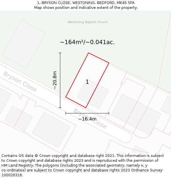 1, BRYSON CLOSE, WESTONING, BEDFORD, MK45 5FA: Plot and title map