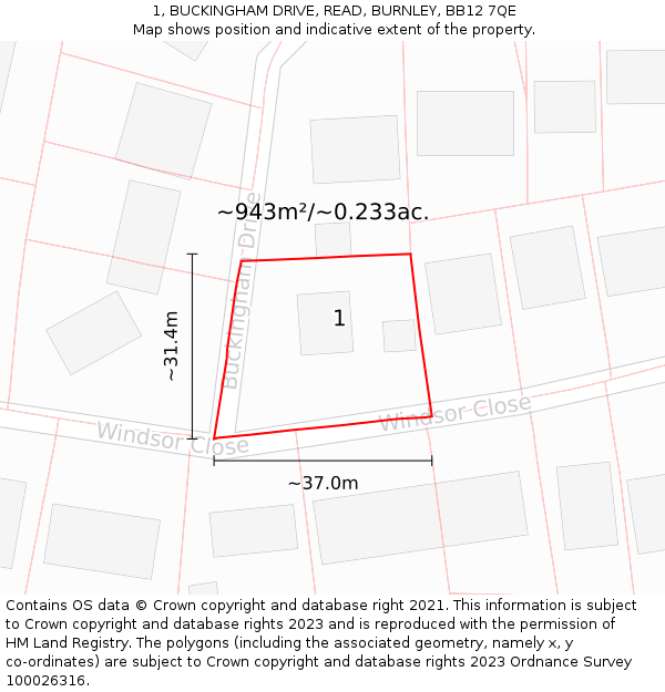 1, BUCKINGHAM DRIVE, READ, BURNLEY, BB12 7QE: Plot and title map