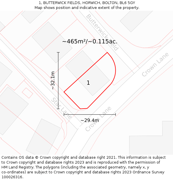 1, BUTTERWICK FIELDS, HORWICH, BOLTON, BL6 5GY: Plot and title map