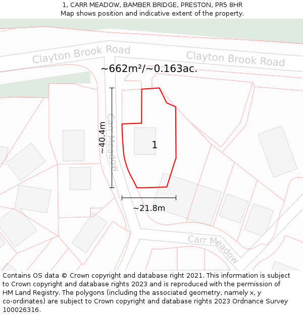 1, CARR MEADOW, BAMBER BRIDGE, PRESTON, PR5 8HR: Plot and title map