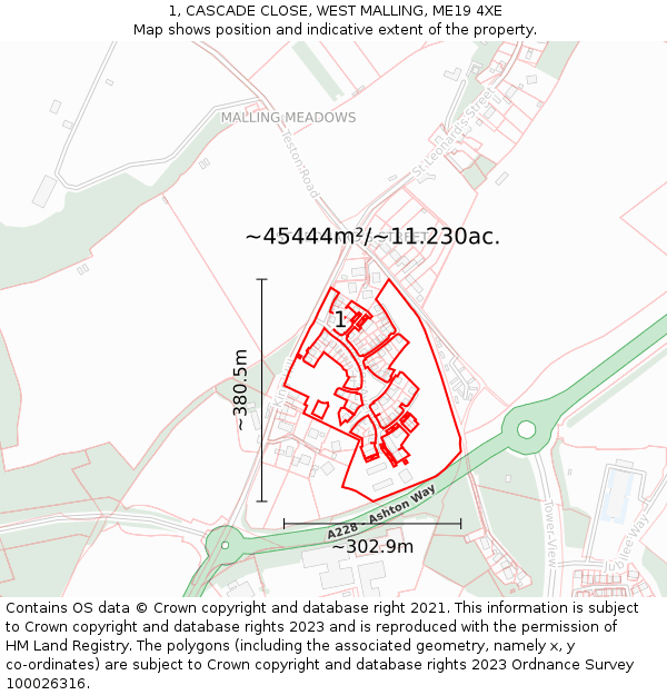 1, CASCADE CLOSE, WEST MALLING, ME19 4XE: Plot and title map