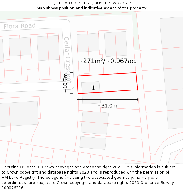 1, CEDAR CRESCENT, BUSHEY, WD23 2FS: Plot and title map