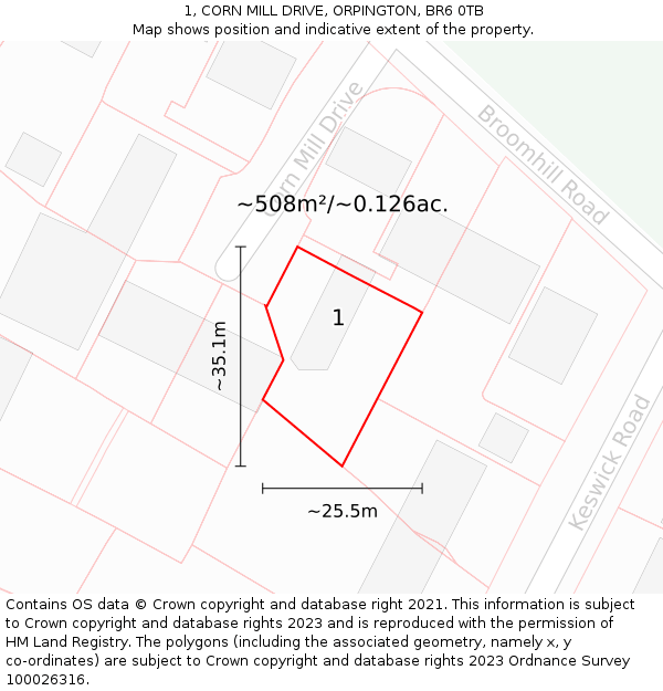 1, CORN MILL DRIVE, ORPINGTON, BR6 0TB: Plot and title map