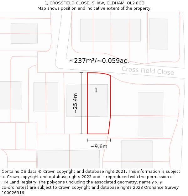 1, CROSSFIELD CLOSE, SHAW, OLDHAM, OL2 8GB: Plot and title map