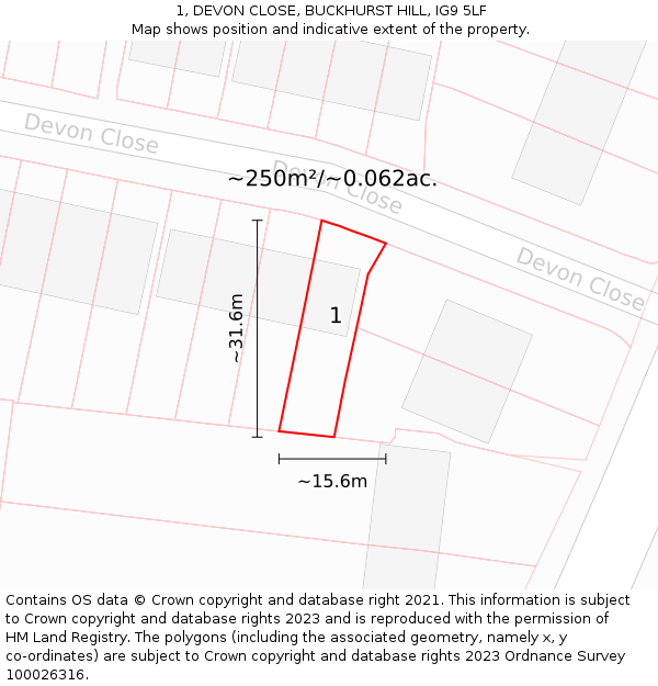 1, DEVON CLOSE, BUCKHURST HILL, IG9 5LF: Plot and title map