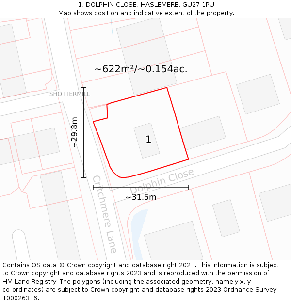 1, DOLPHIN CLOSE, HASLEMERE, GU27 1PU: Plot and title map