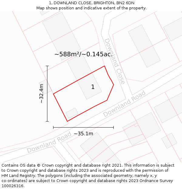 1, DOWNLAND CLOSE, BRIGHTON, BN2 6DN: Plot and title map