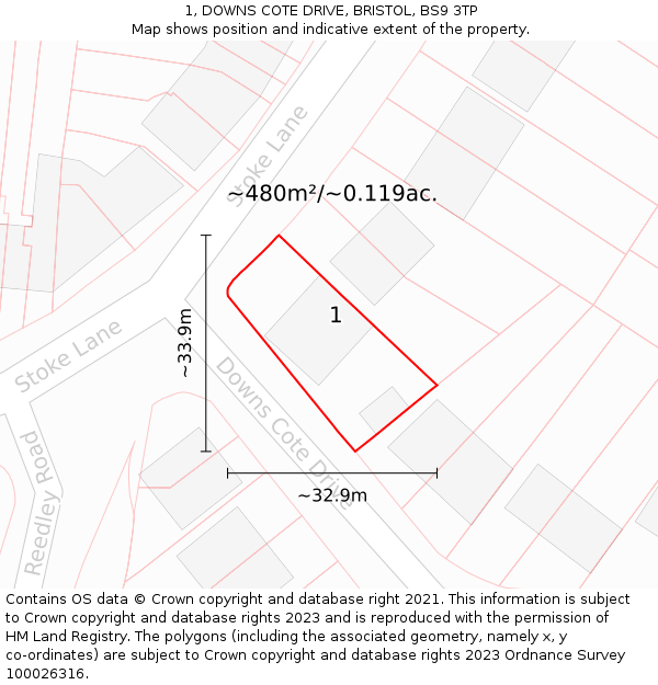 1, DOWNS COTE DRIVE, BRISTOL, BS9 3TP: Plot and title map