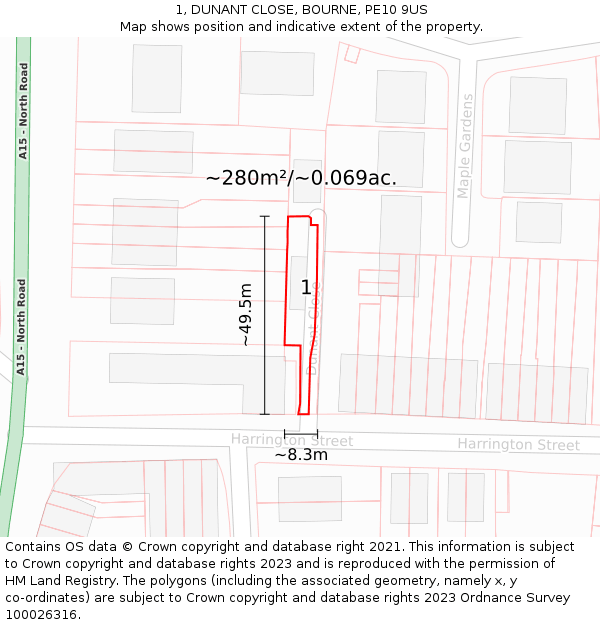 1, DUNANT CLOSE, BOURNE, PE10 9US: Plot and title map