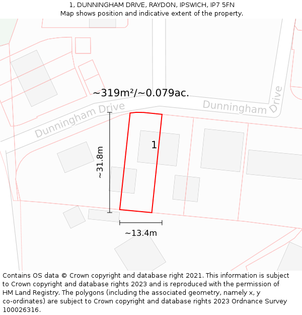 1, DUNNINGHAM DRIVE, RAYDON, IPSWICH, IP7 5FN: Plot and title map