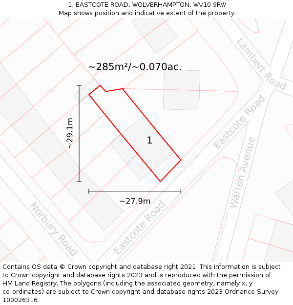 1, EASTCOTE ROAD, WOLVERHAMPTON, WV10 9RW: Plot and title map