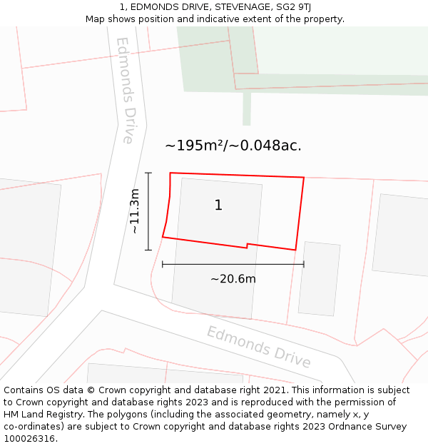 1, EDMONDS DRIVE, STEVENAGE, SG2 9TJ: Plot and title map
