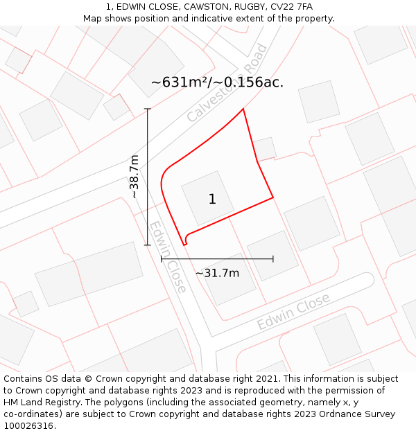 1, EDWIN CLOSE, CAWSTON, RUGBY, CV22 7FA: Plot and title map
