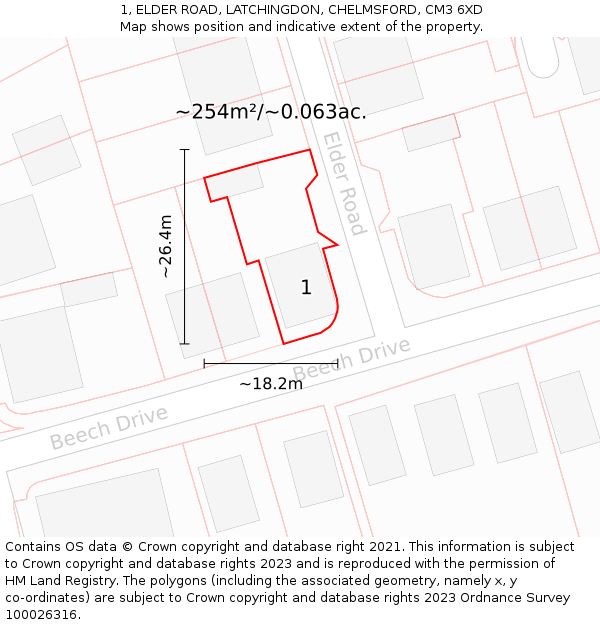 1, ELDER ROAD, LATCHINGDON, CHELMSFORD, CM3 6XD: Plot and title map