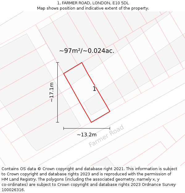 1, FARMER ROAD, LONDON, E10 5DL: Plot and title map