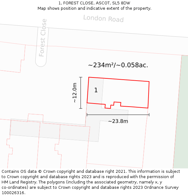 1, FOREST CLOSE, ASCOT, SL5 8DW: Plot and title map