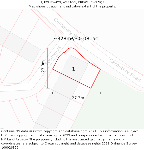 1, FOURWAYS, WESTON, CREWE, CW2 5QR: Plot and title map