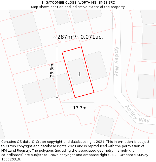 1, GATCOMBE CLOSE, WORTHING, BN13 3RD: Plot and title map