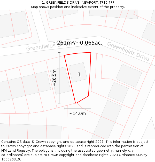 1, GREENFIELDS DRIVE, NEWPORT, TF10 7FF: Plot and title map