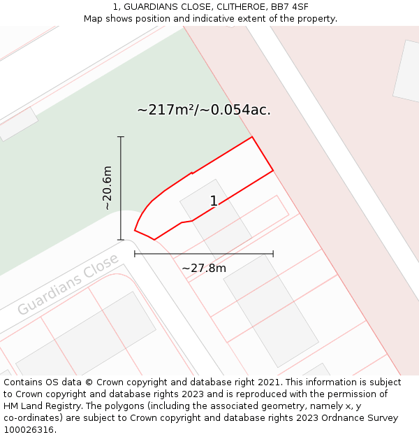 1, GUARDIANS CLOSE, CLITHEROE, BB7 4SF: Plot and title map