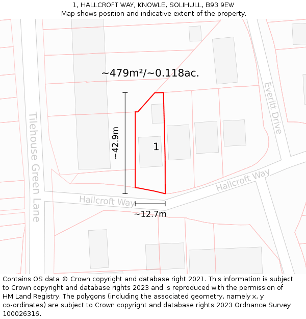 1, HALLCROFT WAY, KNOWLE, SOLIHULL, B93 9EW: Plot and title map