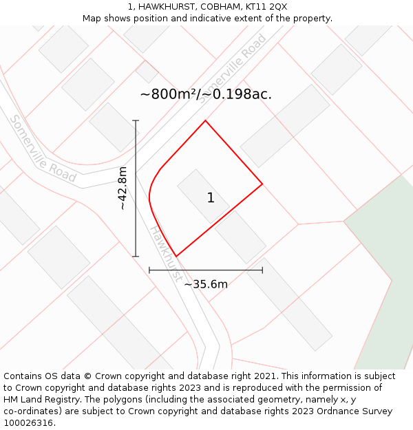1, HAWKHURST, COBHAM, KT11 2QX: Plot and title map