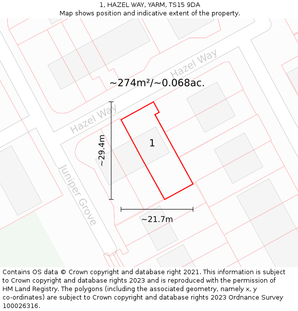 1, HAZEL WAY, YARM, TS15 9DA: Plot and title map