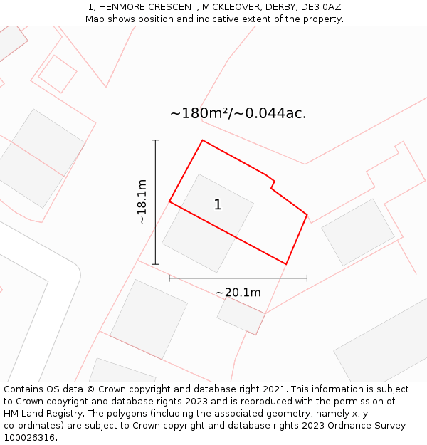 1, HENMORE CRESCENT, MICKLEOVER, DERBY, DE3 0AZ: Plot and title map